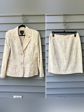 DD Collection Tan Floral Linen Blend Blazer & Skirt Set Size 12 Chic Vintage